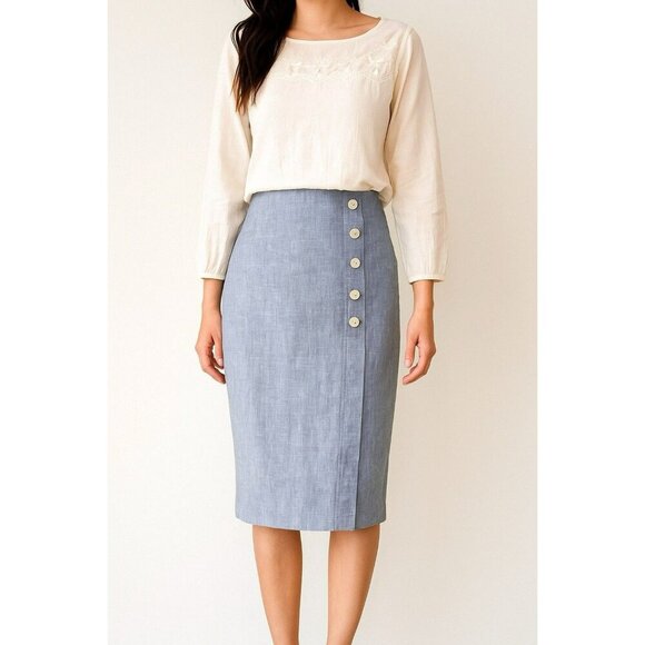LOFT Dresses & Skirts - Ann Taylor LOFT 100% Linen Skirt Sky Chambray Blue Button Midi Straight Split